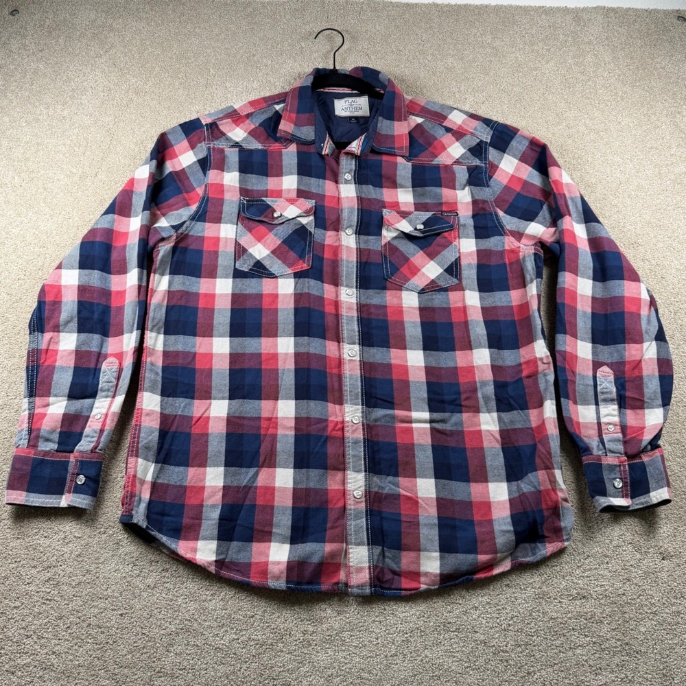 Flag & Anthem Mens XL Plaid Button Down Shirt Red White Blue Western Long Sleeve